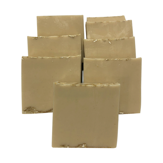 A stack of beige oatmeal-colored soap bars