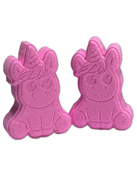 Pink unicorn shaped kids bath bomb with birthday scent