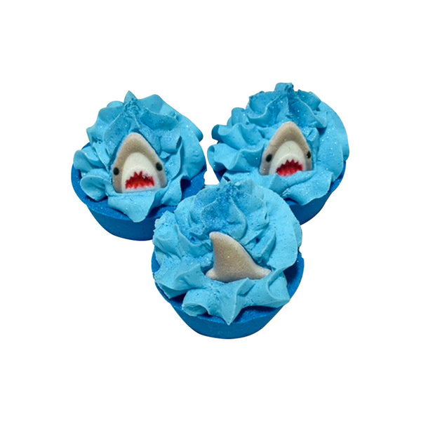 Shark Attack bath cake with shark fin toppers and bubble frosting